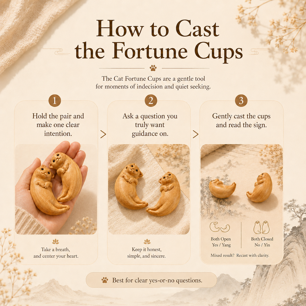 Handcrafted Cat Fortune Cups in Golden Sandalwood for Gentle Guidance