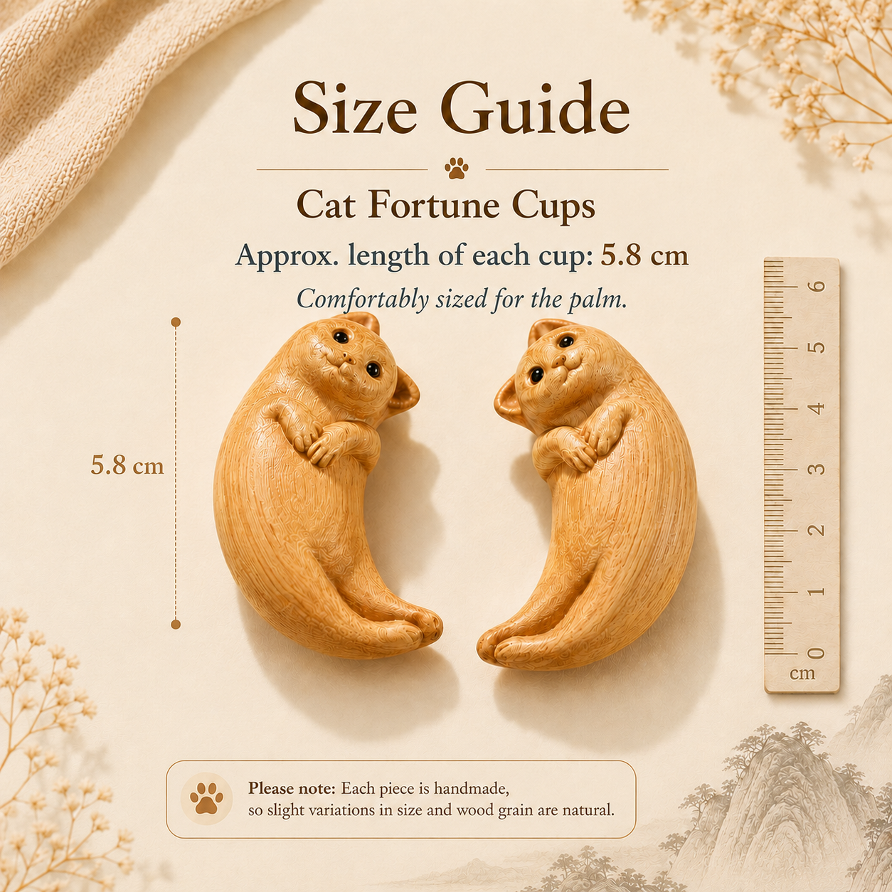 Handcrafted Cat Fortune Cups in Golden Sandalwood for Gentle Guidance