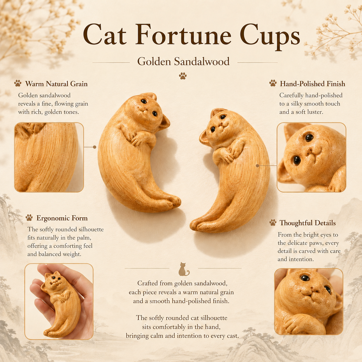 Handcrafted Cat Fortune Cups in Golden Sandalwood for Gentle Guidance