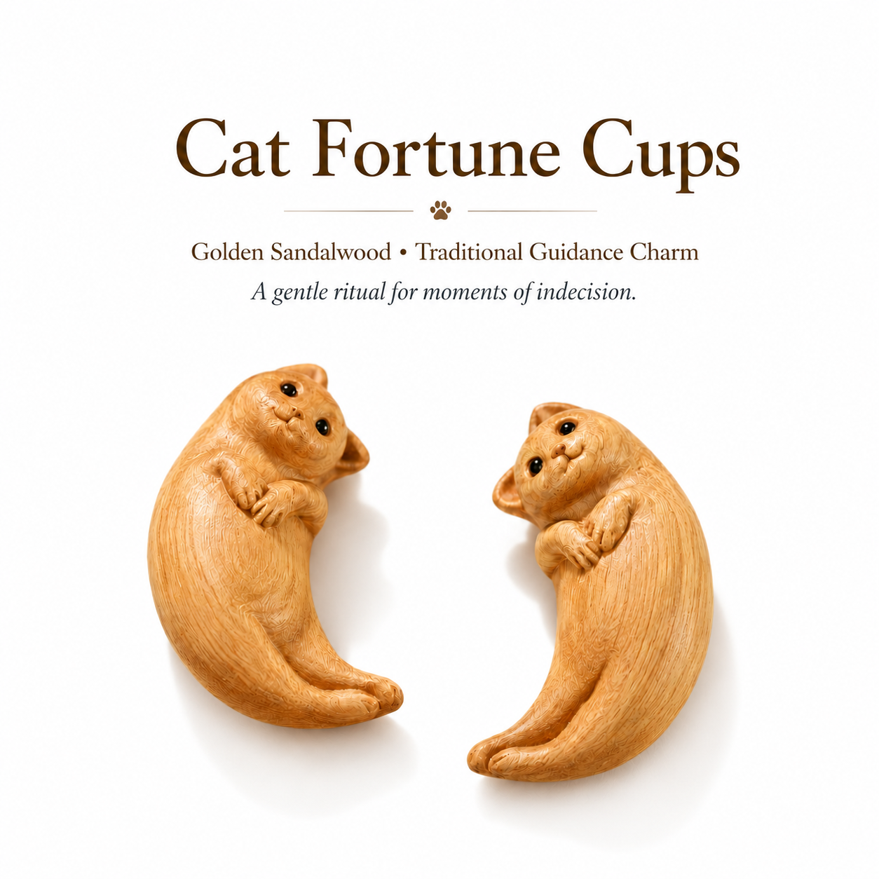 Handcrafted Cat Fortune Cups in Golden Sandalwood for Gentle Guidance