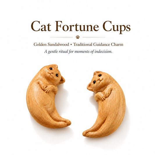 Handcrafted Cat Fortune Cups in Golden Sandalwood for Gentle Guidance