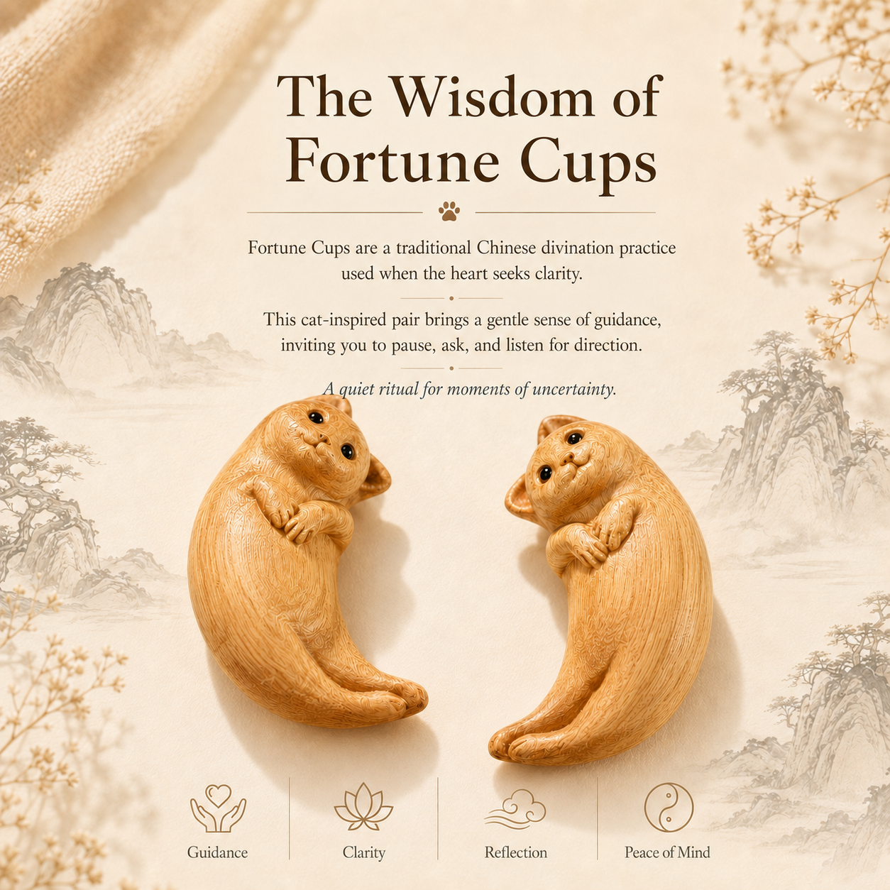 Handcrafted Cat Fortune Cups in Golden Sandalwood for Gentle Guidance